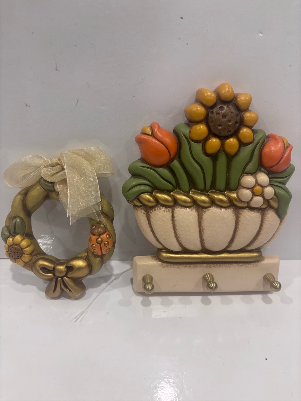 THUN Italy handcrafted ceramic floral wall decor set-wreath & basket key holder